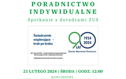 Zdjęcie do Poradnictwo Indywidualne- Spotkanie z doradcami z ZUS 21.02.2024